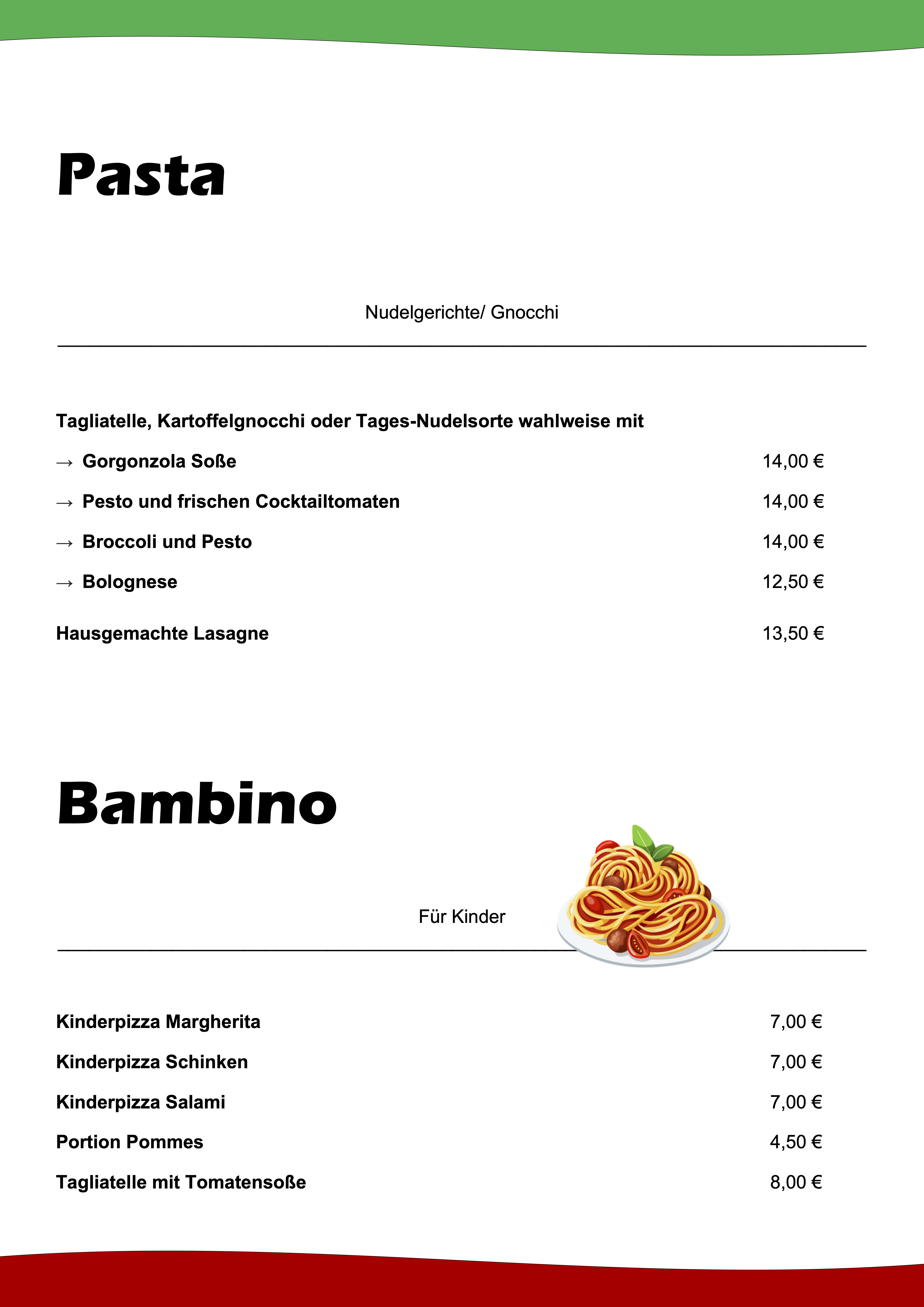 Unsere Speisekarte wie in Italien mit Pizza, Pasta, Antipaste und mehr